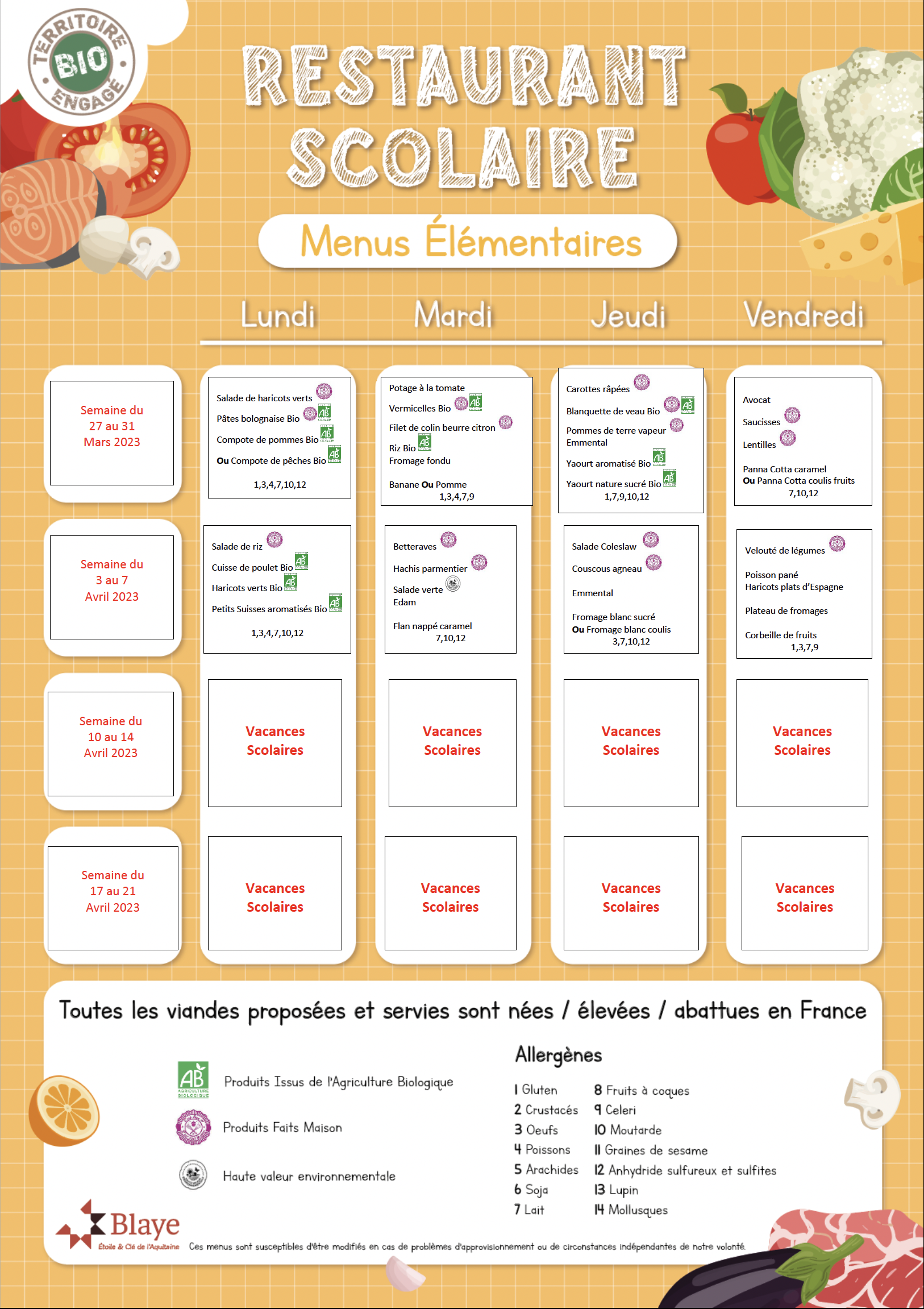 Menu Élémentaires AVRIL 23